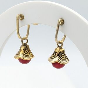 Vintage damascene gold tone and red clip on dainty dangle earrings